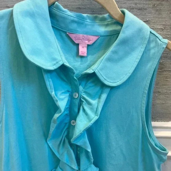 Lilly Pulitzer sleeveless drew collar ruffle top shorley blue medium tank - Picture 4 of 11